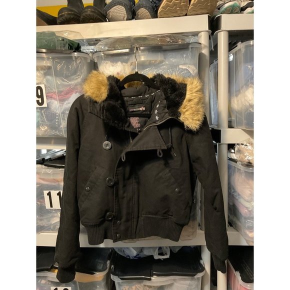 ALPHA INDUSTRIES Faux Fur Trim Hoodie Bomber Jacket sz. Small - Picture 2 of 10